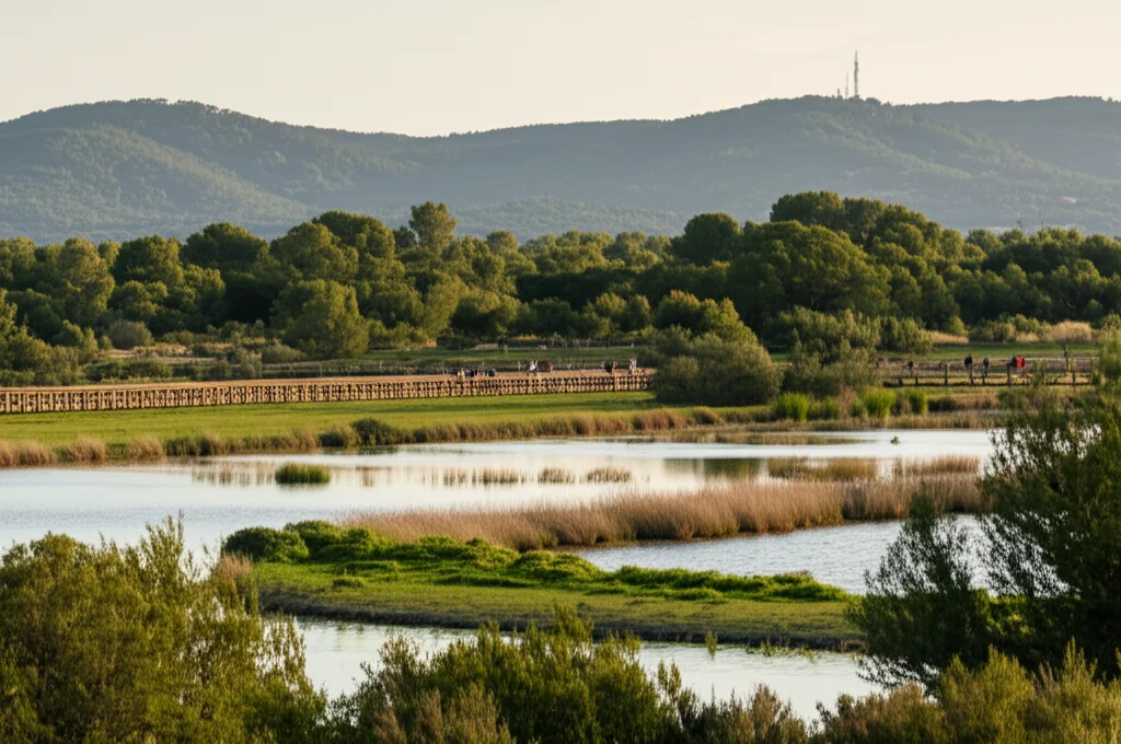 Veduta panoramica del Parc del Falgar in Catalogna, con le zone umide restaurate in primo piano e sentieri frequentati da visitatori. Obiettivo grandangolare 10-24mm, luce naturale morbida del tardo pomeriggio, messa a fuoco nitida, per catturare l'ampiezza del paesaggio peri-urbano.