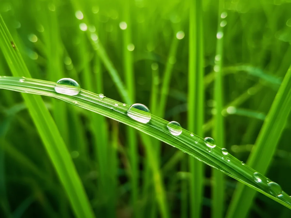 Primo piano macro di gocce di rugiada su una foglia di riso verde brillante in un campo del Bangladesh, luce mattutina controllata, obiettivo macro 100mm, alta definizione, messa a fuoco precisa.