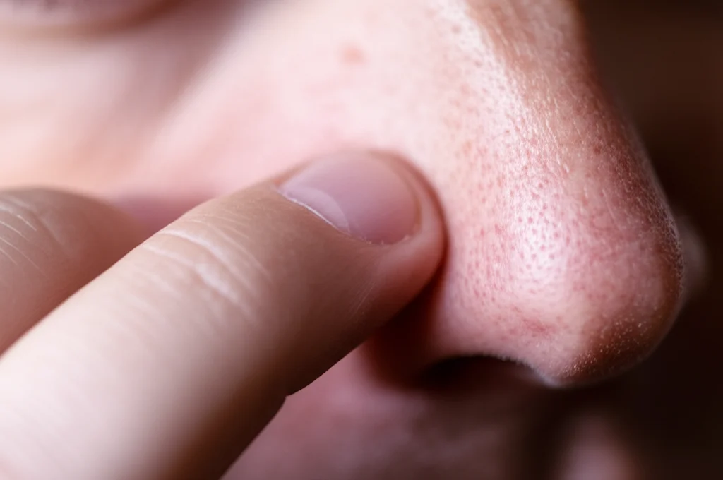 Fotografia macro di una mano che si gratta distrattamente il naso, messa a fuoco precisa sulla texture della pelle, illuminazione controllata, obiettivo macro 100mm, dettagli elevati.