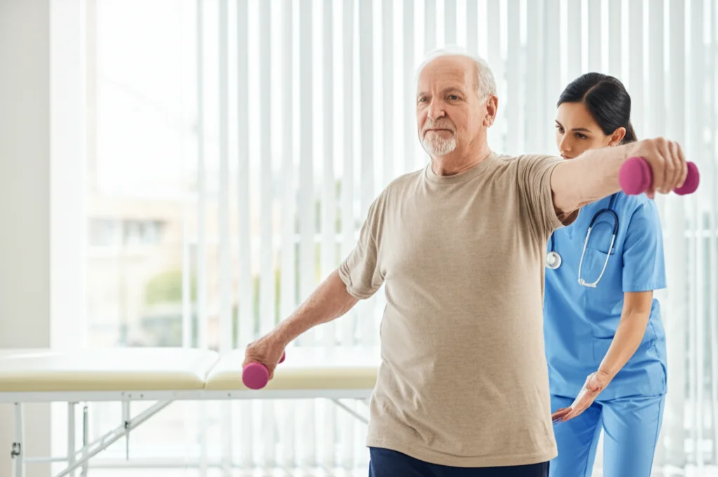 Un anziano che fa esercizi leggeri di riabilitazione in un ambiente luminoso di cure primarie, assistito da un fisioterapista. Fotografia realistica, obiettivo prime 35mm, profondità di campo, luce naturale controllata.