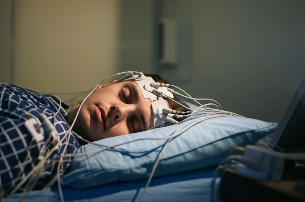 Fotografia realistica di una persona che dorme collegata a sensori per una polisonnografia (PSG) in un laboratorio del sonno. Illuminazione controllata, focus preciso sui sensori e sull'espressione pacifica ma monitorata del paziente. Obiettivo macro 85mm, alta definizione.