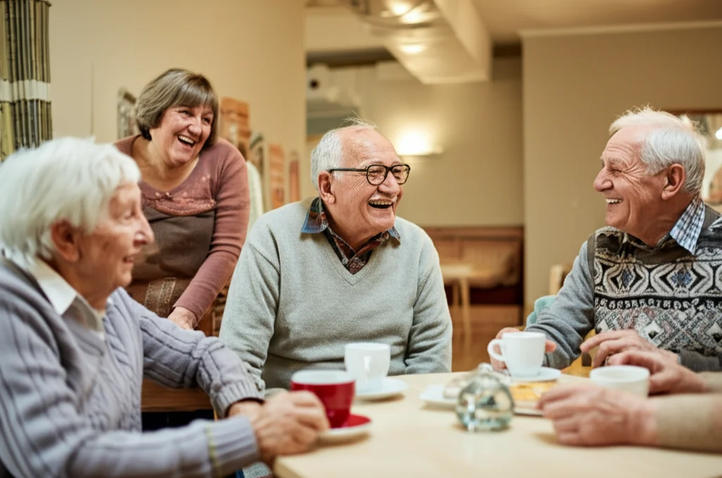 Un piccolo gruppo di anziani sorridenti che chiacchierano e bevono un caffè in un centro comunitario accogliente. Fotografia di ritratto di gruppo, obiettivo zoom 24-70mm, luce calda e invitante, focus sui volti espressivi.
