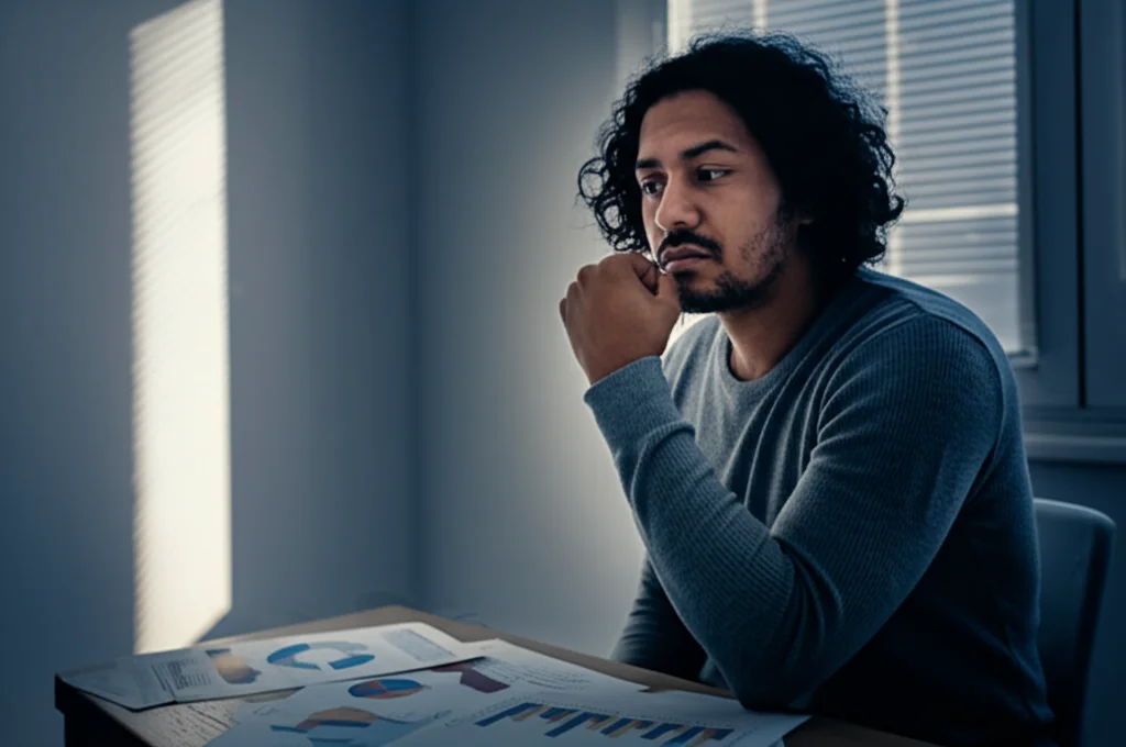 Fotografia di una persona di origine nordafricana dall'aria pensierosa, seduta a un tavolo con fogli sparsi rappresentanti grafici di rischi e benefici, luce soffusa dalla finestra, obiettivo 35mm, profondità di campo per isolare il soggetto, toni seppia e blu.
