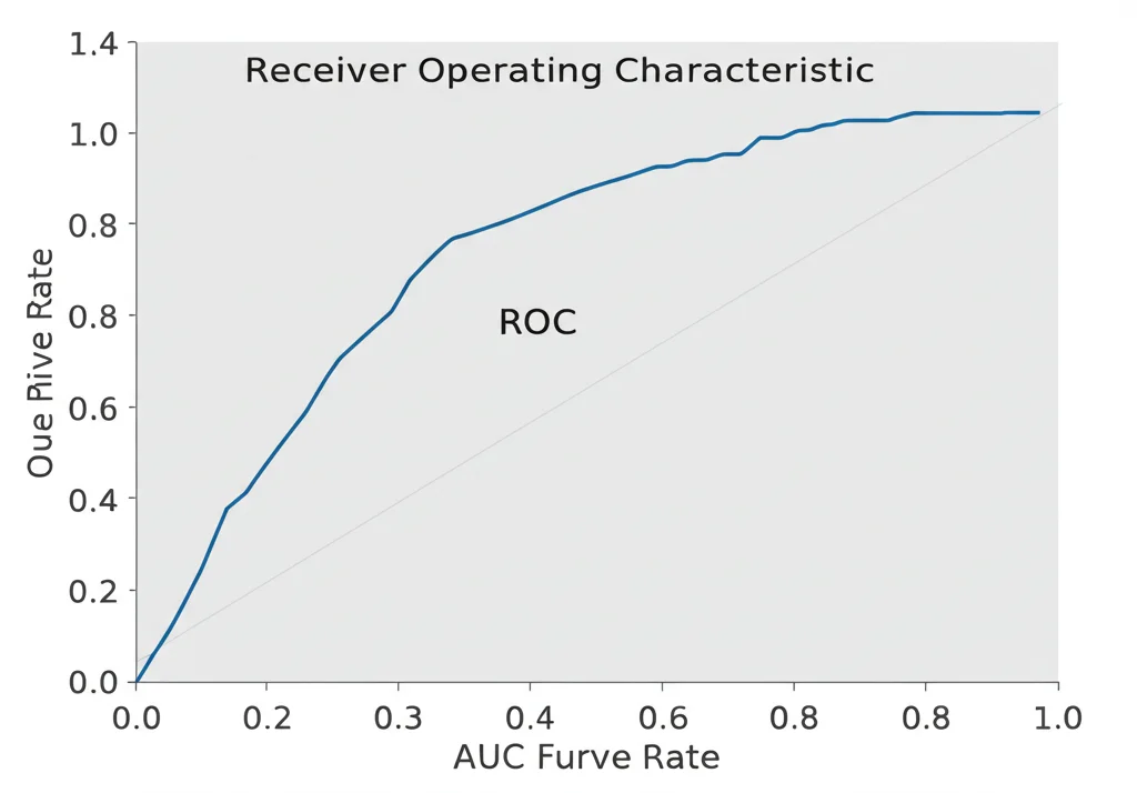 Grafico scientifico astratto che mostra una curva ROC (Receiver Operating Characteristic) con un'alta AUC (Area Under the Curve), simboleggiando l'alta accuratezza del modello predittivo combinato, colori blu e grigio duotone, stile grafico pulito.
