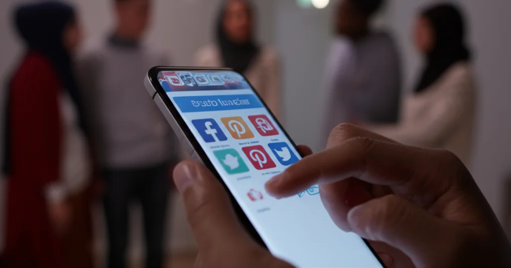 Scatto ravvicinato di mani che scorrono notizie contrastanti sul COVID su uno smartphone, con icone di social media e loghi di notiziari sfocati sullo schermo; alle spalle, un gruppo di persone di origine marocchina discute animatamente in un centro comunitario, obiettivo macro 85mm, messa a fuoco precisa sullo smartphone, illuminazione controllata ma drammatica.