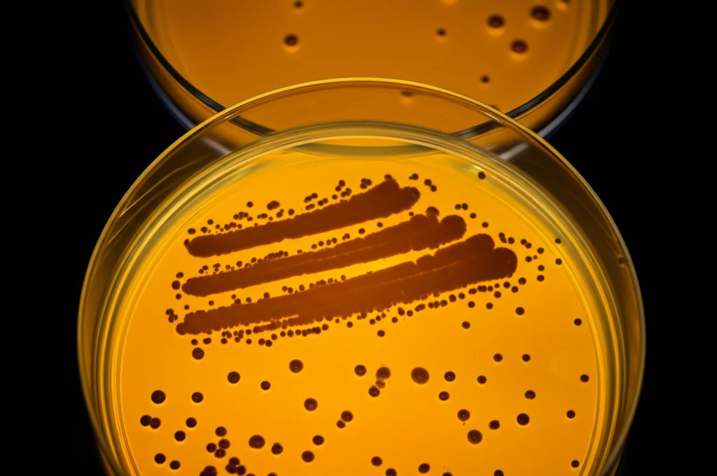 Fotografia macro, obiettivo 90mm, piastra di Petri che mostra colonie batteriche di Burkholderia gladioli sotto illuminazione controllata da laboratorio, alto dettaglio, messa a fuoco precisa.