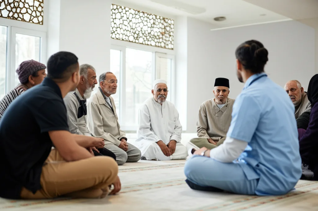 Interno di una moschea moderna e luminosa nei Paesi Bassi, con un piccolo gruppo di persone di origine marocchina, anziani e giovani, sedute in cerchio su tappeti mentre parlano tranquillamente con un operatore sanitario riconoscibile dalla divisa; luce naturale morbida che entra dalle finestre decorate, obiettivo grandangolare 24mm, messa a fuoco nitida su tutto il gruppo per catturare l'interazione.