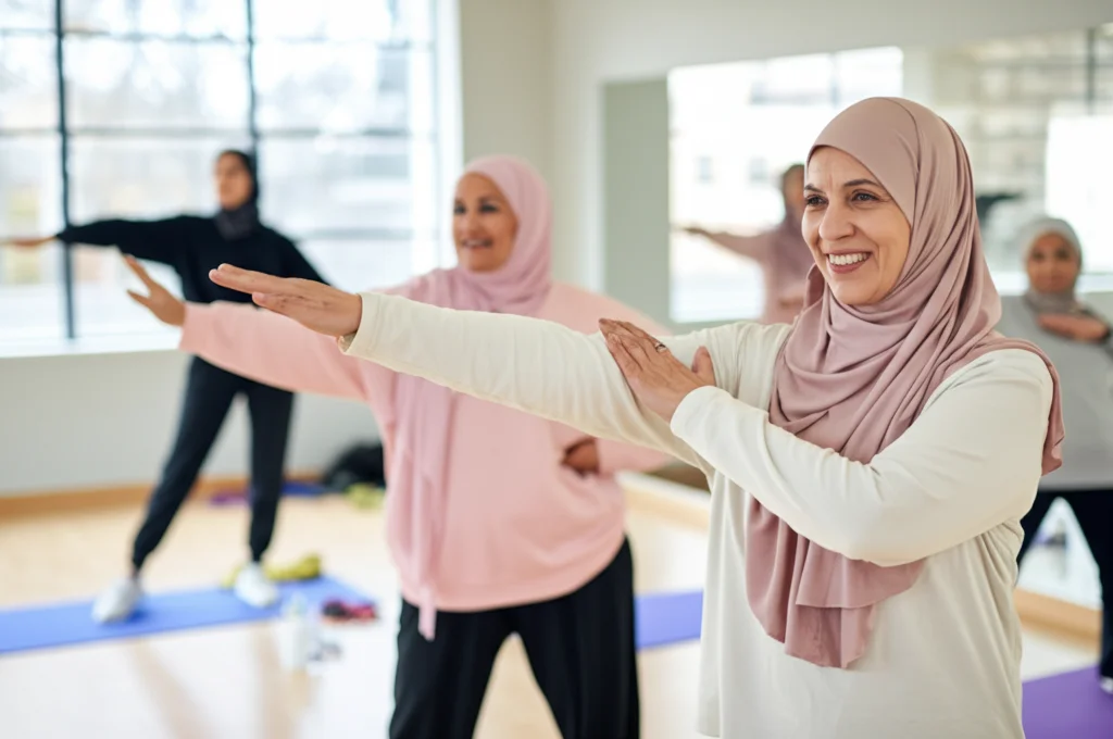Scatto realistico di una donna mediorientale con hijab che partecipa a una lezione di ginnastica dolce in una palestra luminosa e accogliente, riservata alle donne. Sorride mentre segue le istruzioni dell'istruttrice. Obiettivo zoom 50mm, luce naturale diffusa, focus nitido sulla donna, altre partecipanti leggermente sfocate sullo sfondo. Atmosfera positiva e di supporto.
