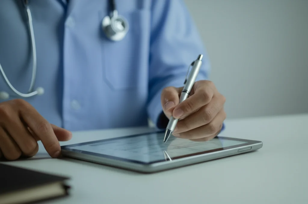 Primo piano di una mano di medico che compila attentamente una cartella clinica elettronica su un tablet moderno, lo schermo luminoso mostra grafici e dati del paziente, macro lens 85mm, high detail, precise focusing, luce da ufficio controllata.