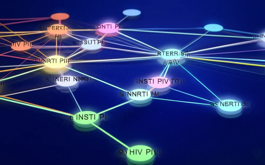 Visualizzazione astratta di una rete di meta-analisi con nodi che rappresentano diversi studi clinici sulla terapia HIV (INSTI, NNRTI, PI), collegati da linee colorate su sfondo blu scuro. Illuminazione soffusa, stile grafico moderno, alta definizione.