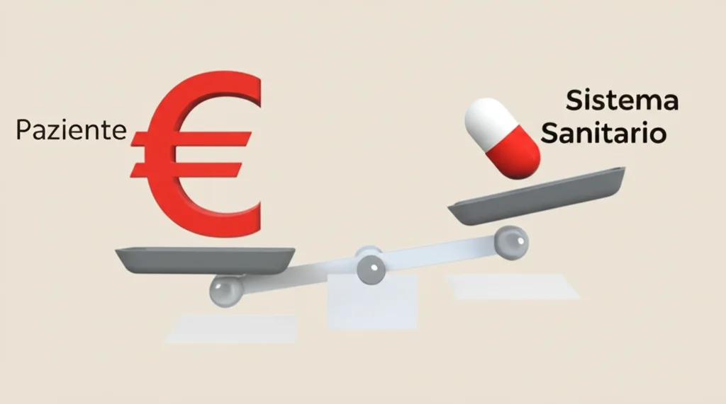 Due bilance stilizzate su sfondo neutro. La prima bilancia, etichettata 'Paziente', ha una pillola (INSTI) e un simbolo di euro in equilibrio. La seconda, etichettata 'Sistema Sanitario', mostra la stessa pillola che fa pendere la bilancia verso il lato del costo (simbolo euro più grande). Obiettivo 50mm, luce da studio neutra, alta definizione.