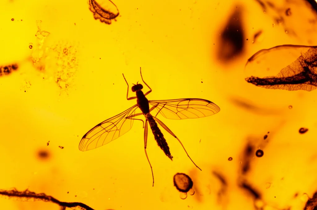 Fotografia macro ad alta definizione di un pezzo di ambra francese dell'Oise. All'interno è visibile un insetto fossile, un Limoniide, con dettagli delle ali e delle zampe ben conservati. Obiettivo macro 90mm, illuminazione laterale controllata per esaltare la trasparenza e il colore dorato della resina fossile.