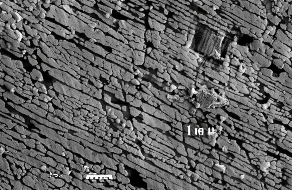 Immagine macro ad altissimo dettaglio della microstruttura lamellare di una lega Ni-Cr-Al dopo trattamento termico, ottenuta con obiettivo macro da 100mm, illuminazione controllata per evidenziare gli strati alternati di fase alfa e gamma, messa a fuoco precisa sulla struttura fine.