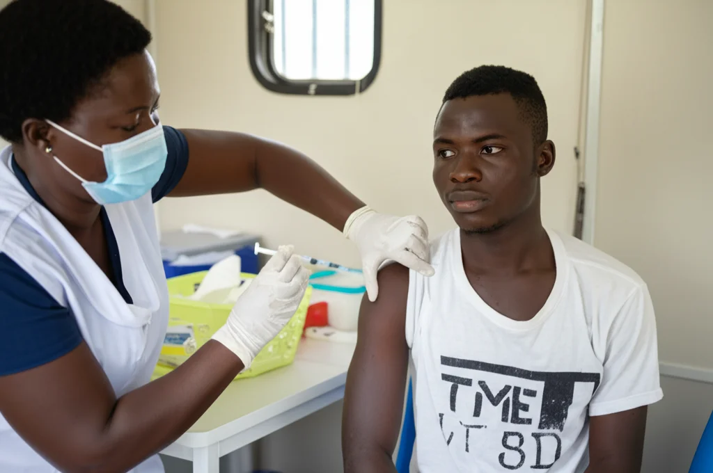 Scena in un centro sanitario o clinica mobile in Ghana. Un operatore sanitario sta somministrando un vaccino (potrebbe essere quello per l'epatite B) a un giovane uomo che assomiglia ai raccoglitori di rifiuti descritti. Obiettivo 50mm, luce interna morbida, focus sull'interazione tra operatore e paziente, espressioni che comunicano cura e prevenzione. Profondità di campo ridotta.