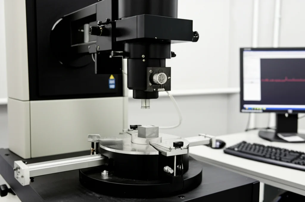 Fotografia di un diffrattometro a raggi X (XRD) in funzione durante l'analisi di un campione di lega metallica, scattata con obiettivo prime da 50mm, luce controllata che illumina la macchina e il campione, profondità di campo che sfoca leggermente lo sfondo del laboratorio, alto dettaglio sulla strumentazione.