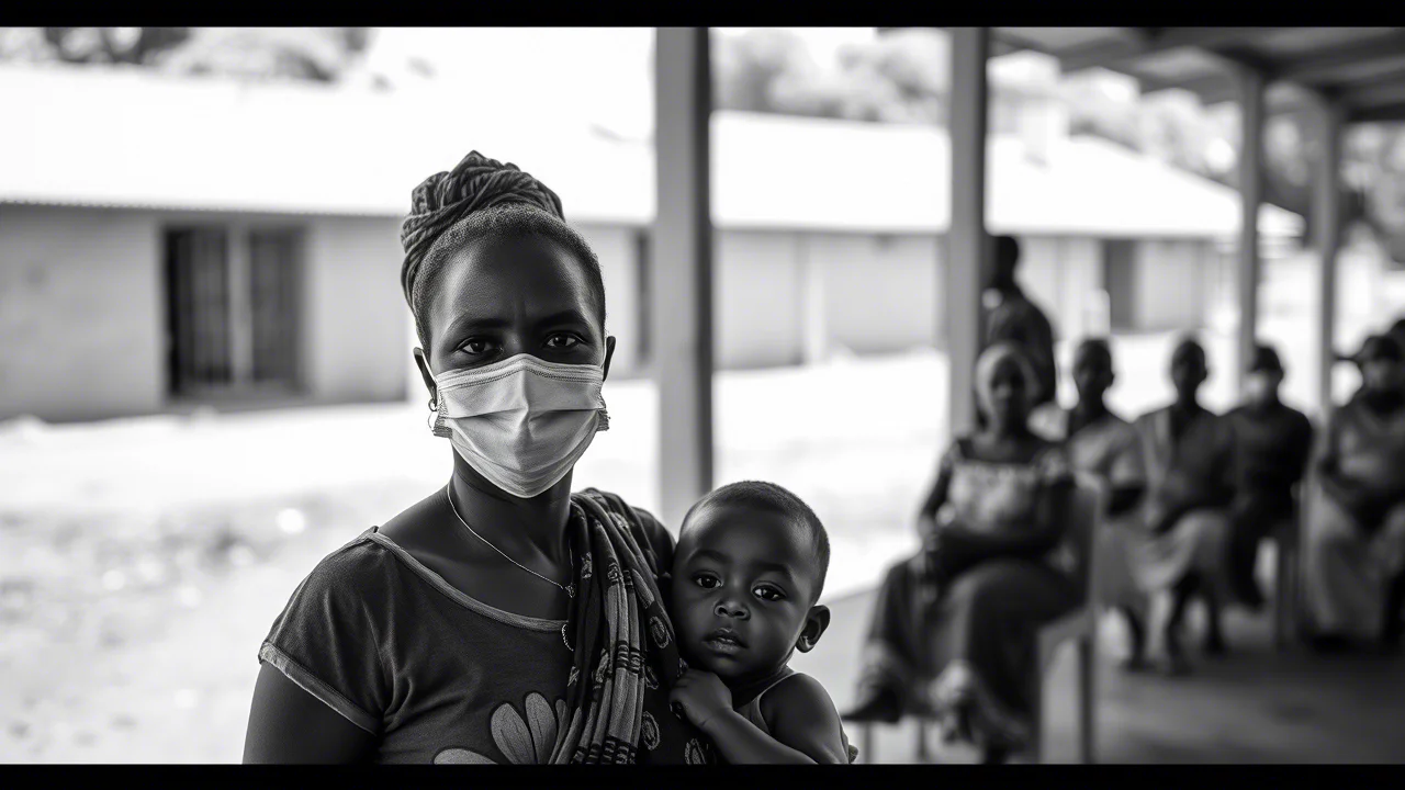 Fotografia realistica di una clinica sanitaria rurale in Zambia durante la pandemia COVID-19, con poche persone in attesa distanziate, simbolo della paura del contagio e della ridotta affluenza per servizi non-COVID come le vaccinazioni. Obiettivo prime 35mm, luce naturale filtrata, profondità di campo che isola una madre con bambino in primo piano, bianco e nero per accentuare il dramma.