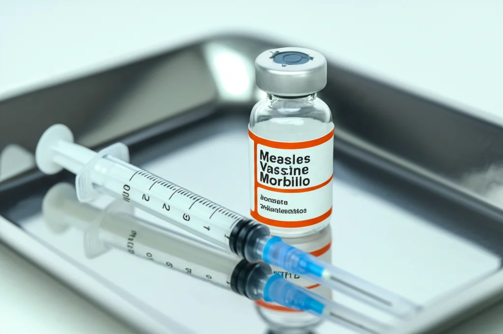 Macro fotografia ad alta definizione di una fiala di vaccino contro il morbillo (Measles Vaccine) accanto a una siringa pronta all'uso, su un vassoio medico sterile. Obiettivo macro 100mm, illuminazione da studio controllata per evidenziare i dettagli, messa a fuoco precisa sull'etichetta della fiala.