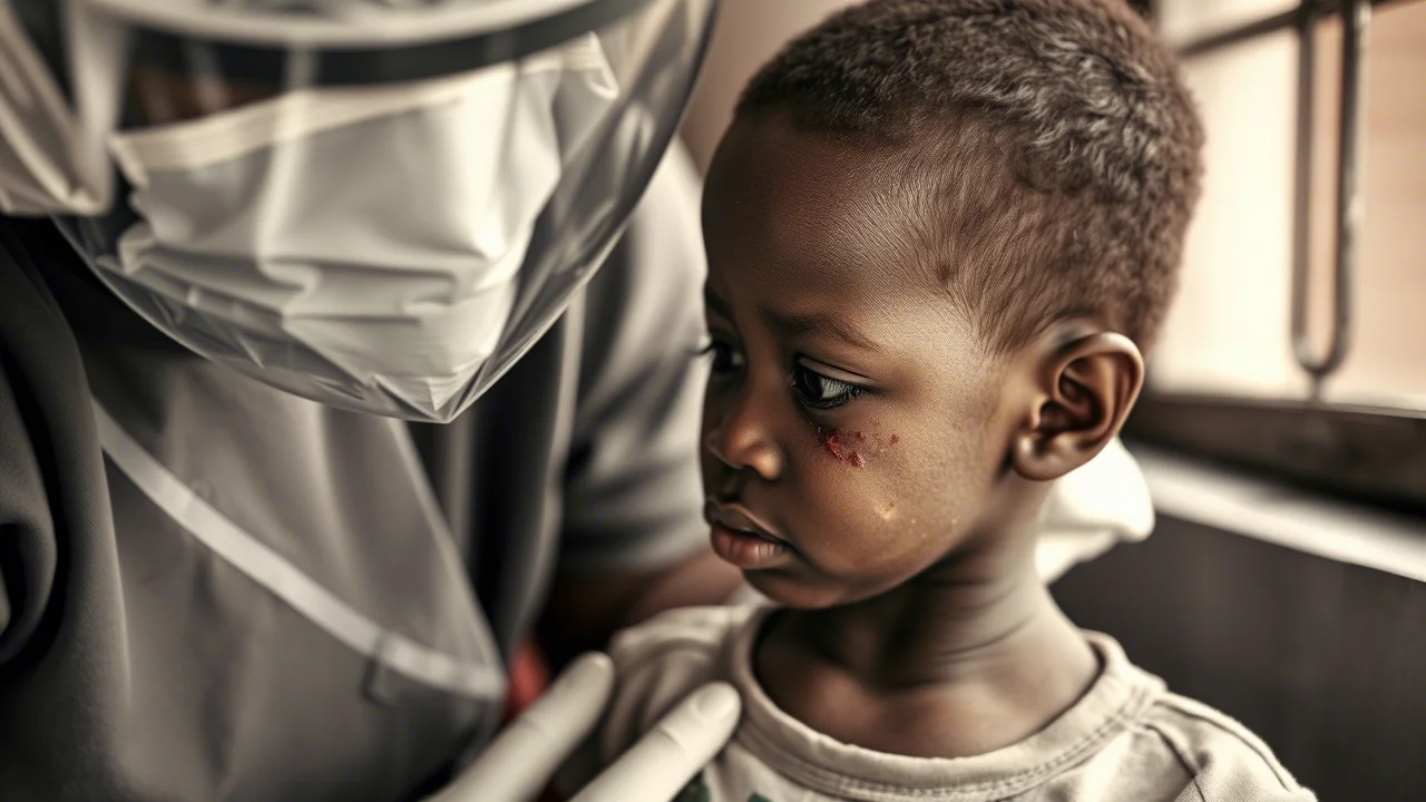 Ritratto fotografico toccante di un bambino piccolo zambiano (circa 3 anni) con evidenti segni di eruzione cutanea da morbillo sul viso e sul collo, mentre viene visitato da un operatore sanitario che indossa dispositivi di protezione. Obiettivo prime 50mm, luce naturale morbida proveniente da una finestra, profondità di campo ridotta per focalizzare l'attenzione sul bambino, espressione che comunica vulnerabilità. Duotone seppia e grigio.