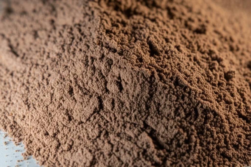 Immagine macro di noccioli di dattero finemente macinati pronti per la fermentazione, obiettivo macro 60mm, alta definizione dei dettagli della polvere, illuminazione da laboratorio controllata.