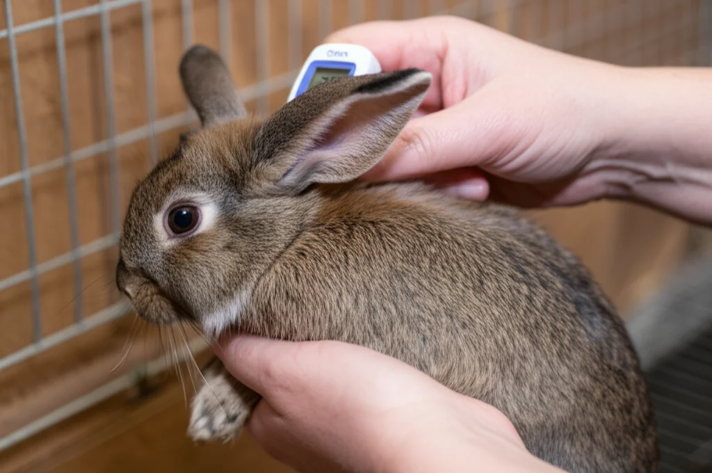 Fotografia di una coniglia in un ambiente controllato mentre viene misurata la temperatura rettale con un termometro digitale, obiettivo prime 35mm, profondità di campo che sfoca leggermente lo sfondo, luce naturale filtrata.