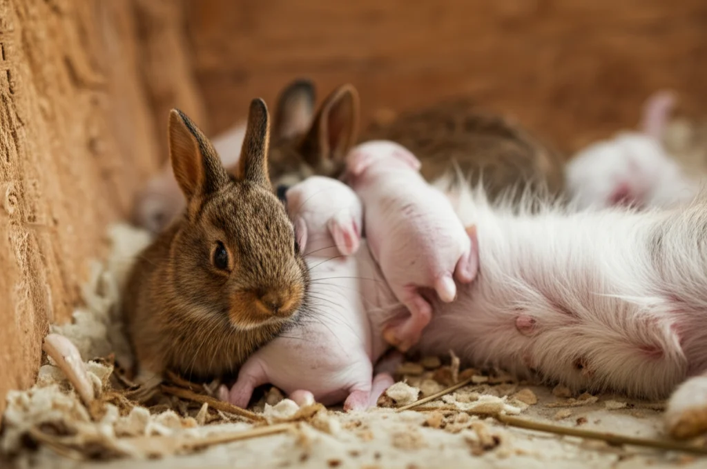 Primo piano di una cucciolata di coniglietti appena nati, sani e vitali, accanto alla madre in un nido pulito, obiettivo macro 85mm, messa a fuoco selettiva sui piccoli, illuminazione morbida e calda.
