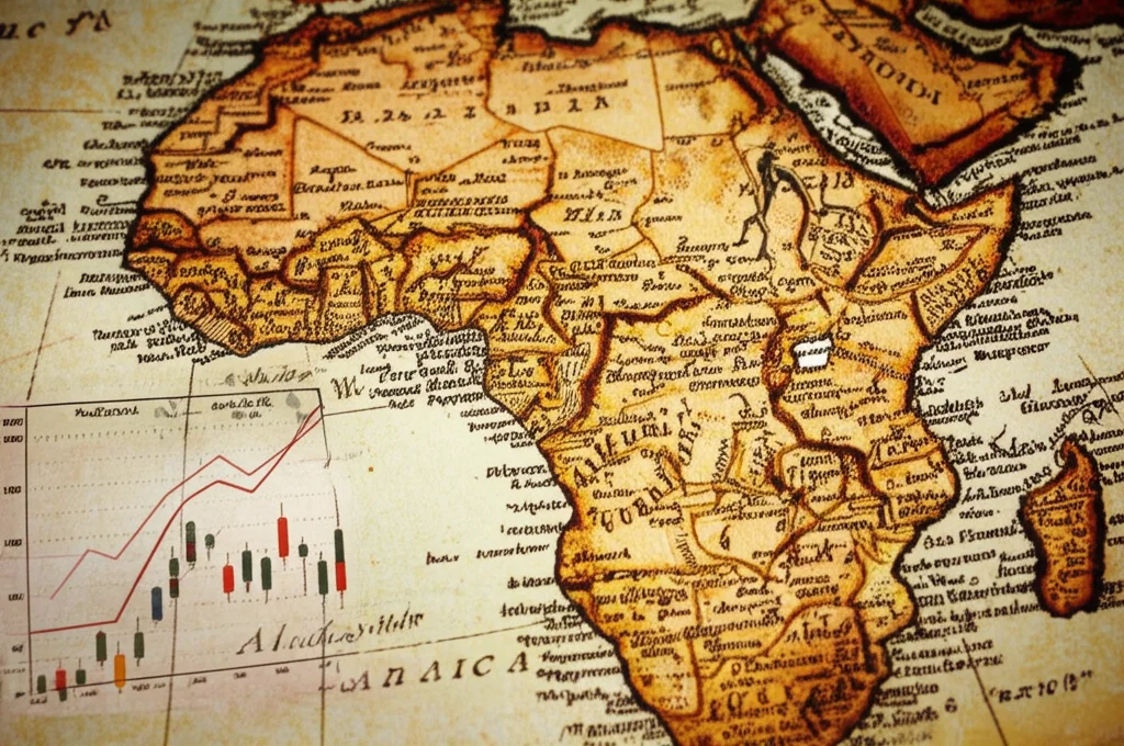 Fotografia macro di una mappa antica dell'Africa sovrapposta a grafici economici moderni, illuminazione controllata, alta definizione, obiettivo macro 90mm, per simboleggiare il contrasto tra storia coloniale e indicatori economici attuali.