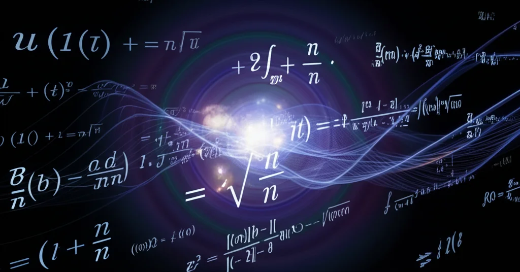 Visualizzazione astratta di una rete neurale stilizzata con nodi luminosi interconnessi e linee curve che rappresentano formule matematiche sovrapposte. Luce soffusa blu e viola, dettagli nitidi. Macro lens, 85mm, high detail, precise focusing.