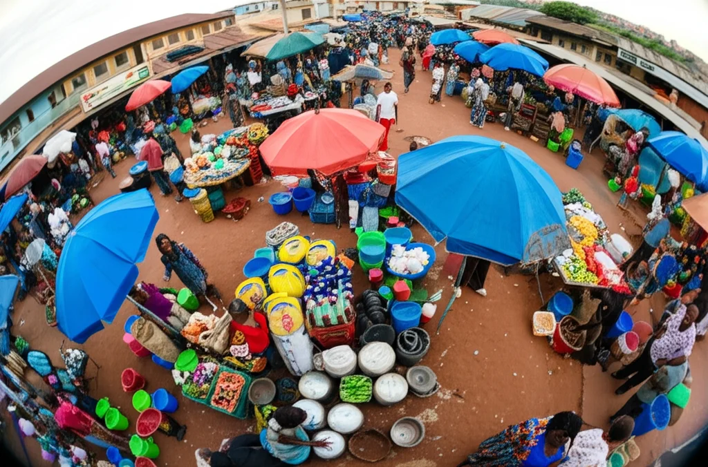 Fotografia grandangolare di un vivace mercato di strada in una città africana, pieno di piccoli imprenditori al lavoro, obiettivo grandangolare 15mm, messa a fuoco nitida, luce naturale vibrante, per rappresentare l'imprenditorialità a livello locale.