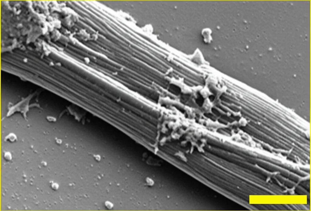 Micrografia al microscopio elettronico a scansione di telociti epatici isolati da fegato di topo. Si notano corpi cellulari piccoli e allungati con lunghi e sottili telopodi che si estendono. Macro lens, 100mm, high detail, precise focusing, controlled lighting.