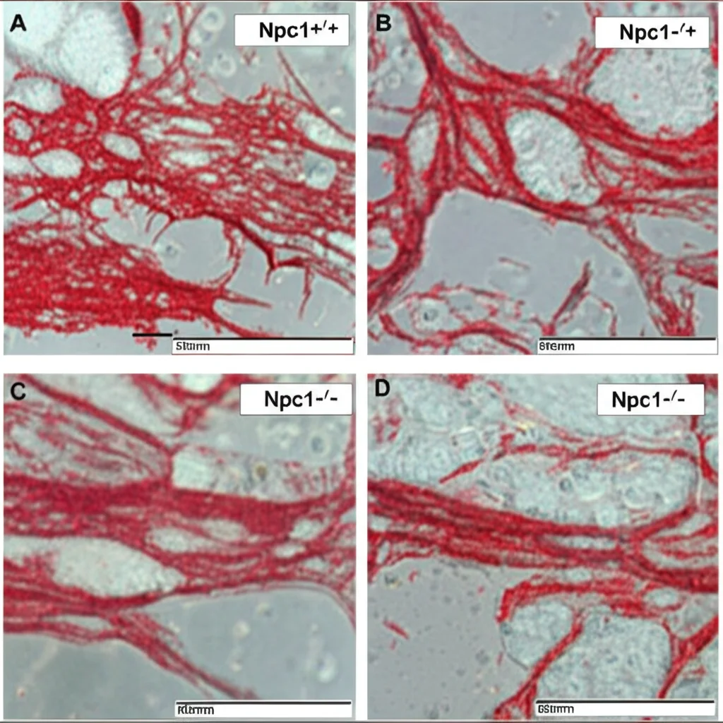 Confronto tra colture cellulari di telociti Npc1+/+ (sinistra) e Npc1-/- (destra) dopo induzione osteogenica. Le cellule Npc1+/+ mostrano una forte colorazione rossa positiva all'Alizarin Red (formazione ossea), mentre le Npc1-/- sono debolmente positive o negative. Macro lens, 60mm, high detail, controlled lighting.