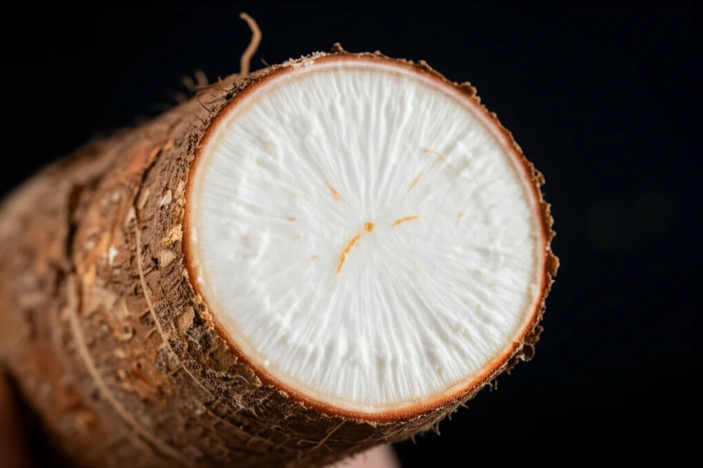 Macro fotografia di una radice di manioca appena raccolta, obiettivo macro 100mm, alta definizione, messa a fuoco precisa sulla texture della buccia e sulla polpa bianca interna, illuminazione controllata laterale per enfatizzare i dettagli.