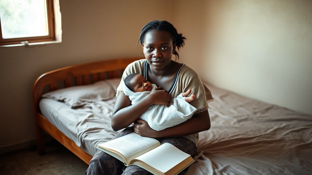 Una giovane madre adolescente sudafricana, sui 16 anni, seduta sul bordo di un letto in una stanza semplice, tiene in braccio il suo bambino piccolo. Accanto a lei, libri di scuola aperti. La sua espressione è un misto di affetto, stanchezza e preoccupazione. Luce naturale entra da una finestra laterale. Fotografia ritratto, obiettivo 35mm, profondità di campo che sfoca leggermente lo sfondo, toni caldi e realistici.