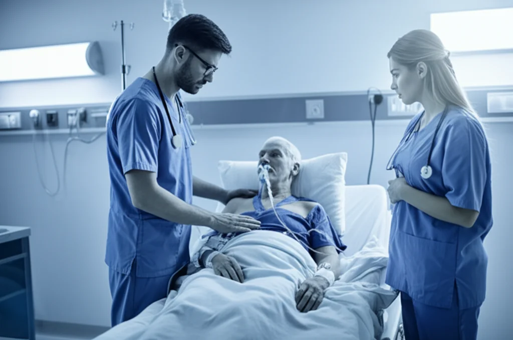 Fotografia realistica di un medico e un'infermiera che discutono accanto a un letto d'ospedale con un paziente anziano che riceve ossigenoterapia, luce soffusa, obiettivo prime 35mm, bianco e nero con toni blu e grigi per un'atmosfera seria.
