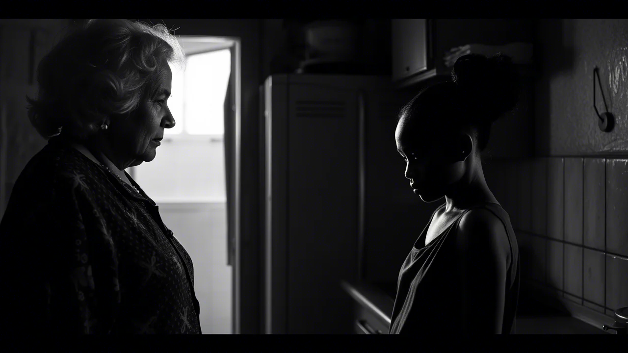 Scena tesa in una cucina modesta in Sudafrica. Una donna anziana (caregiver) guarda con severità una ragazza adolescente (giovane madre) che abbassa lo sguardo. La luce è contrastata, creando ombre nette. Fotografia in bianco e nero, stile film noir, obiettivo 24mm per includere parte dell'ambiente, forte contrasto.