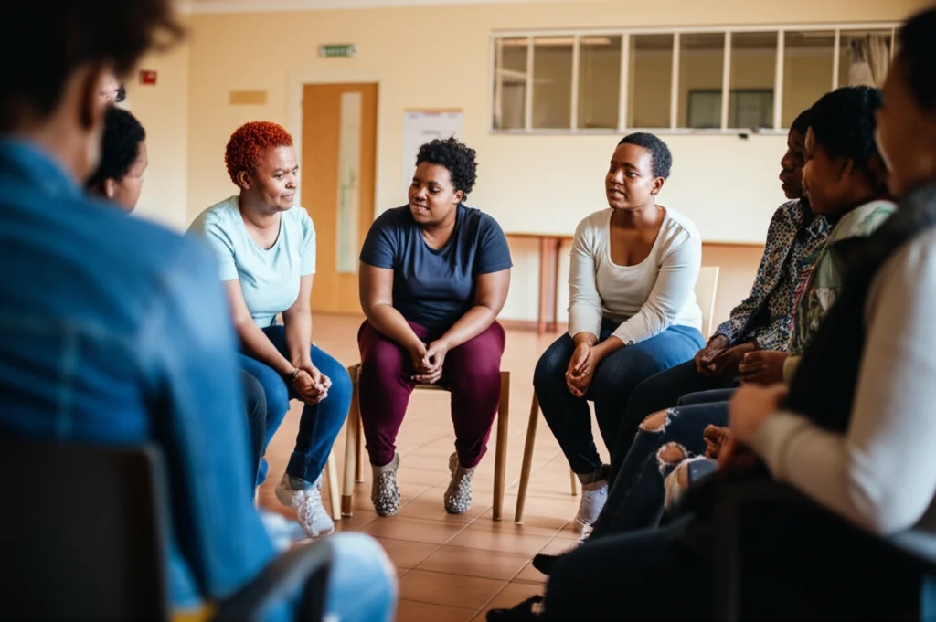 Gruppo eterogeneo di donne sudafricane, adolescenti e adulte, sedute in cerchio all'interno di un centro comunitario luminoso. Stanno parlando e ascoltandosi a vicenda, con un'atmosfera di supporto e condivisione. Obiettivo zoom 50mm, luce morbida e diffusa, colori naturali, focus sull'interazione positiva.