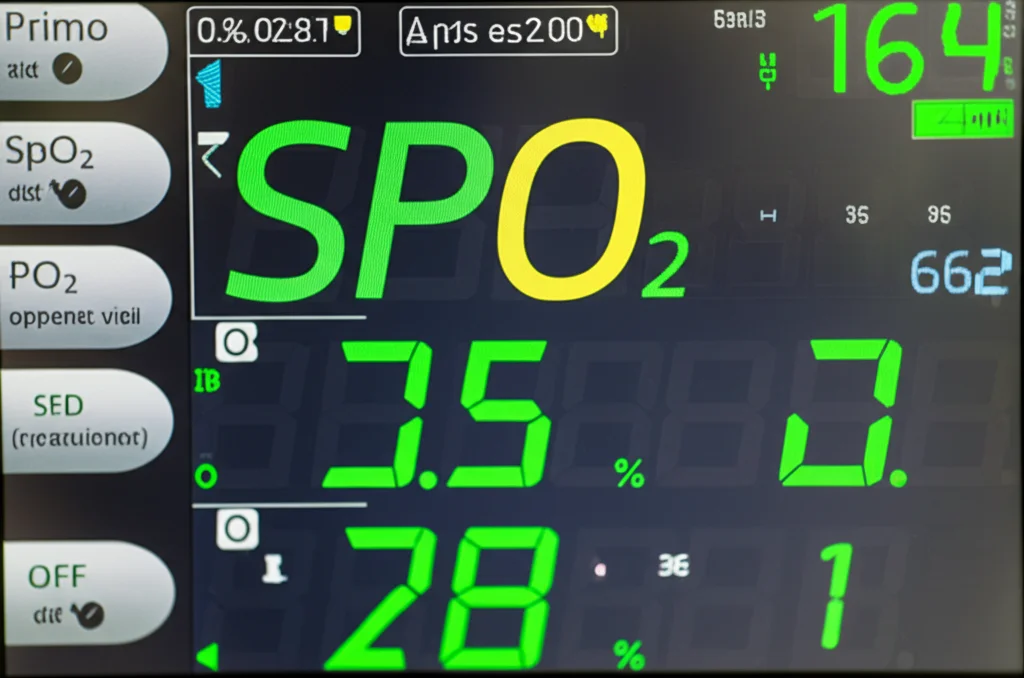 Primo piano macro di un display di monitoraggio dei parametri vitali in ospedale che mostra SpO2 e frequenza respiratoria, alta definizione, illuminazione controllata, obiettivo macro 90mm, numeri digitali nitidi.