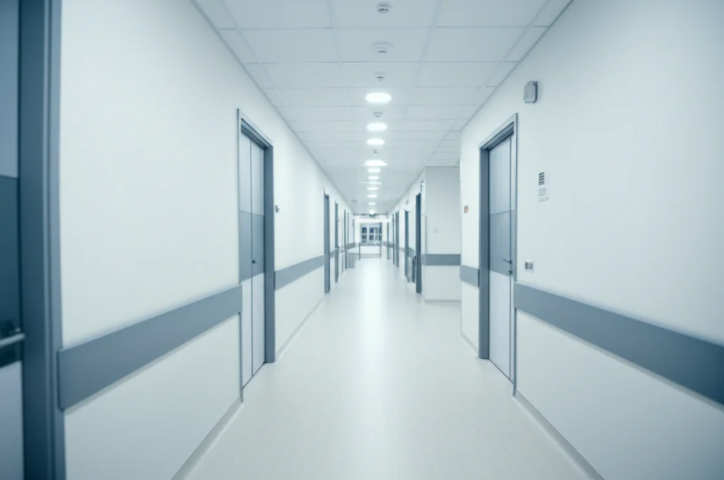 Fotografia grandangolare di un corridoio d'ospedale vuoto ma illuminato, senso di quiete ma anche di attesa, linee pulite, obiettivo grandangolare 18mm, luce fluorescente fredda, messa a fuoco nitida su tutta la scena.
