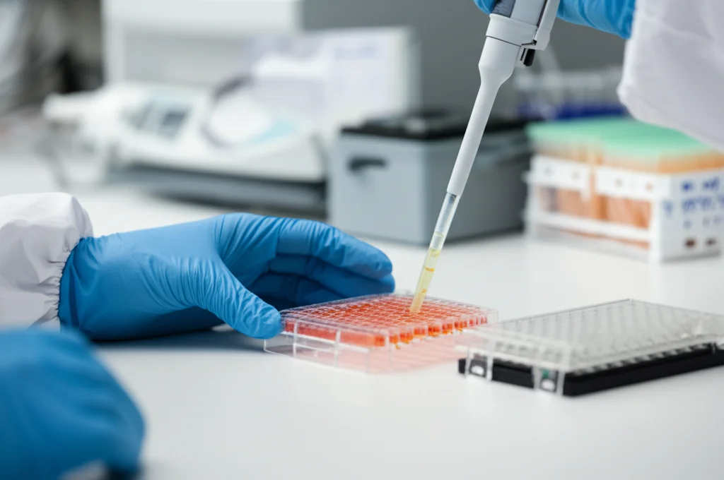 Primo piano di mani guantate di un ricercatore che pipetta campioni da una piastra multi-pozzetto contenente colture cellulari su biomateriali, per analisi qPCR o ELISA. Sfondo sfocato di attrezzatura da laboratorio (termociclatore, lettore di micropiastre). Obiettivo prime 35mm, profondità di campo ridotta, illuminazione da laboratorio controllata.