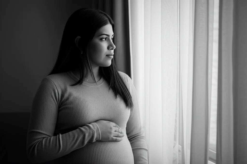 Ritratto fotografico di una giovane donna latina incinta, seduta vicino a una finestra con luce naturale soffusa, sguardo pensieroso rivolto all'esterno. Prime lens 35mm, profondità di campo che sfoca leggermente lo sfondo, bianco e nero filmico per accentuare l'emozione.