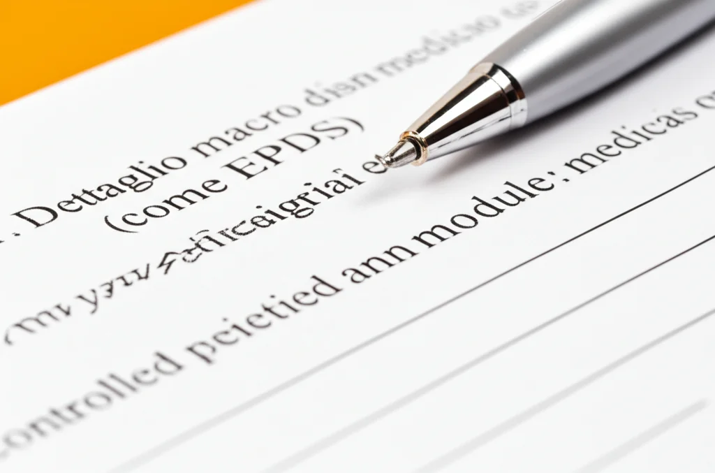 Dettaglio macro di un modulo medico o questionario (come l'EPDS) con una penna appoggiata sopra. Macro lens 100mm, high detail, precise focusing sul testo del modulo, controlled lighting per creare un'atmosfera seria ma non opprimente.