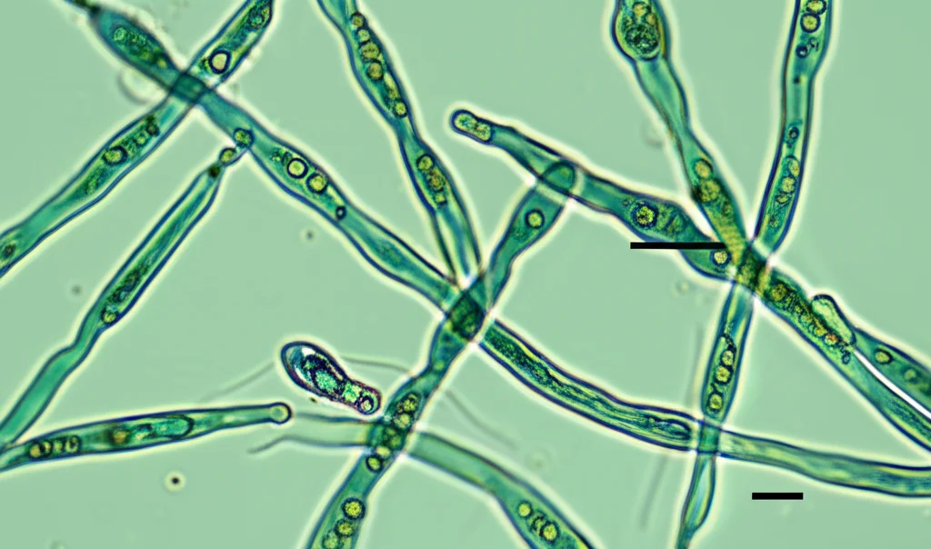 Microfotografia di Candida albicans, il fungo responsabile della candidosi. Immagine ad alto dettaglio, lente macro 60mm, illuminazione specifica per microscopia, che evidenzia le ife e le cellule del lievito.