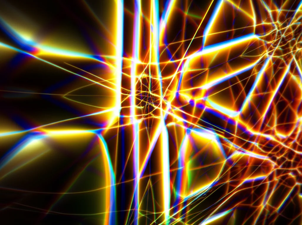 Visualizzazione 3D astratta di pattern di diffrazione luminosa che convergono per formare un'immagine complessa di una nanostruttura. Stile macrofotografia, focale 100mm, alta definizione, illuminazione controllata da laboratorio.