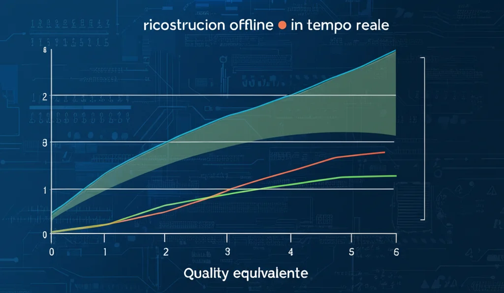 Grafico scientifico comparativo che mostra due curve di errore (ricostruzione offline e in tempo reale) quasi perfettamente sovrapposte e molto basse, indicando qualità equivalente. Stile infografica pulita, sfondo astratto high-tech.