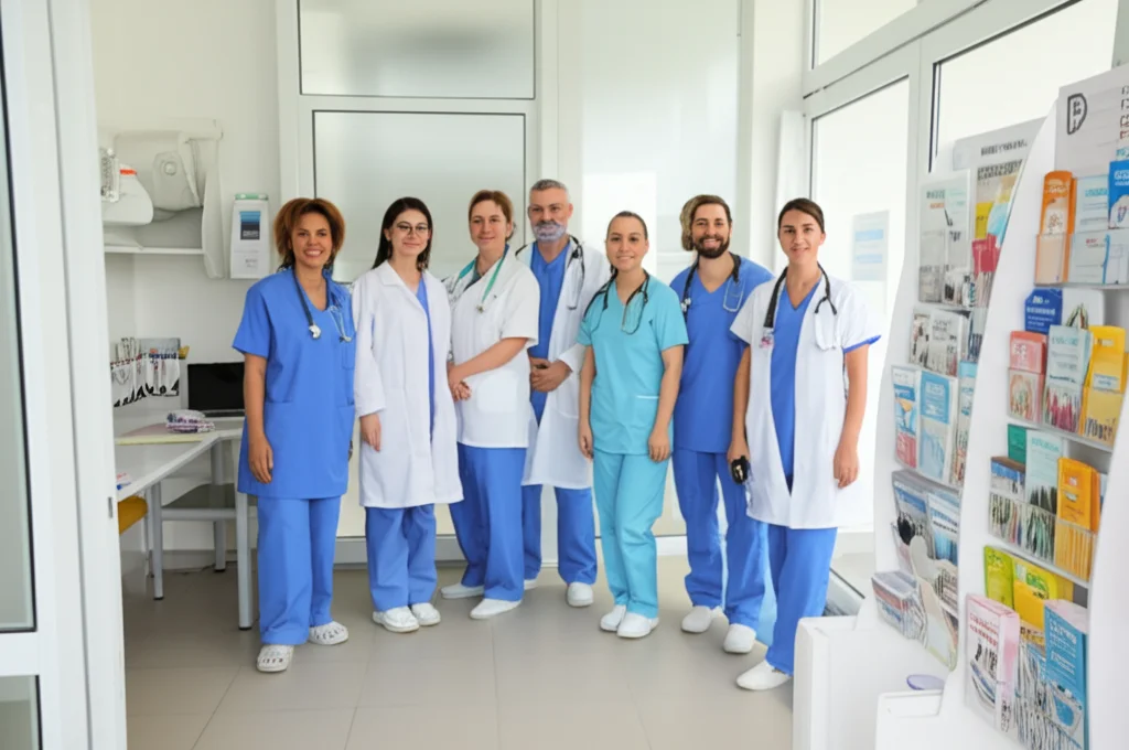 Immagine grandangolare di un centro sanitario comunitario accogliente e luminoso, con personale sorridente e materiale informativo multilingue visibile. Wide-angle lens 20mm, sharp focus, luce naturale abbondante per trasmettere speranza e accessibilità.