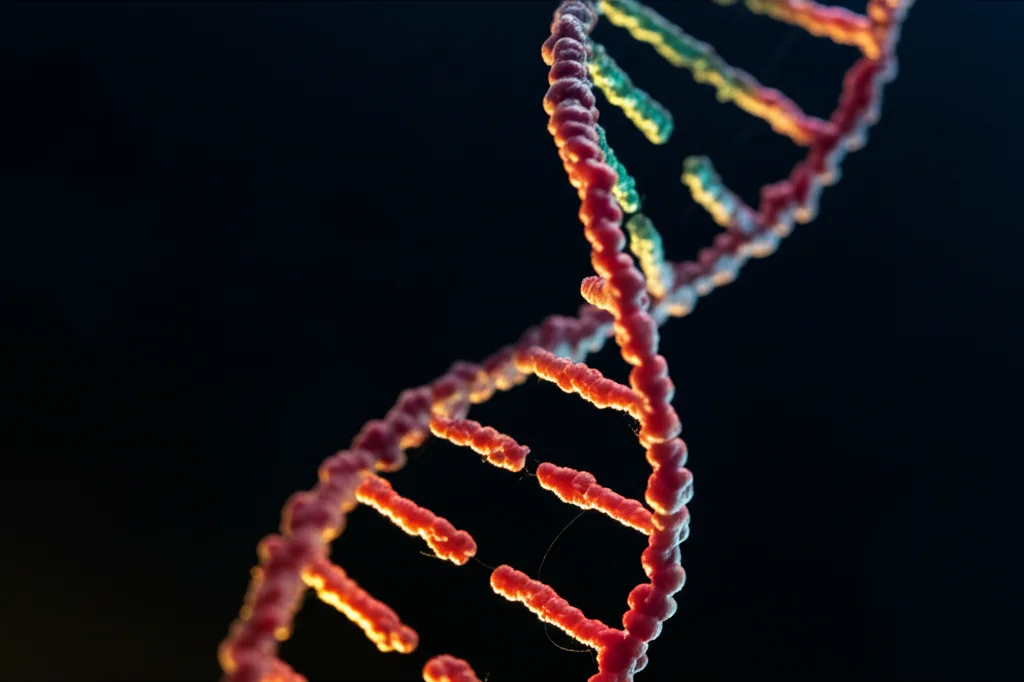 Macro fotografia di un modello di doppia elica del DNA illuminato artisticamente su sfondo scuro, alta definizione, lente macro 100mm, focus preciso sui legami chimici, luce controllata per enfatizzare la struttura.