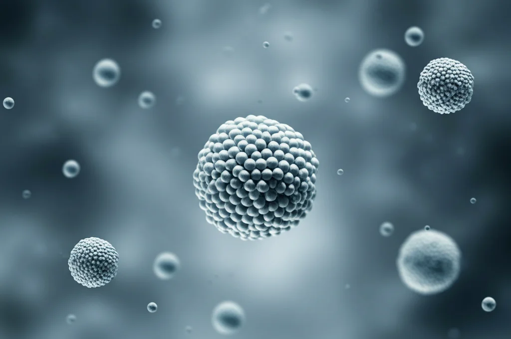 Visualizzazione 3D astratta di nanoparticelle sferiche che si auto-assemblano in una soluzione acquosa. Lente macro, 100mm, alta definizione, illuminazione controllata per evidenziare le interazioni molecolari come legami idrogeno e π-stacking, sfondo sfocato.