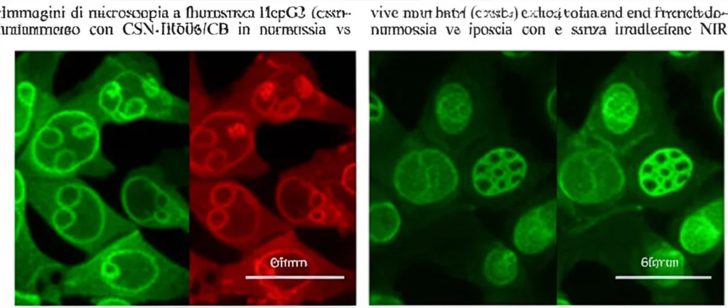 Immagini di microscopia a fluorescenza che mostrano cellule tumorali HepG2. A sinistra, cellule vive (verde, Calceina-AM) e morte (rosso, Propidio Ioduro) dopo trattamento con CSN-IR806/CB in normossia vs ipossia, con e senza irradiazione NIR. A destra, cellule che mostrano fluorescenza verde (DCFH-DA) indicante la produzione di ROS dopo irradiazione. Lente macro, 60mm, alta definizione, illuminazione controllata.