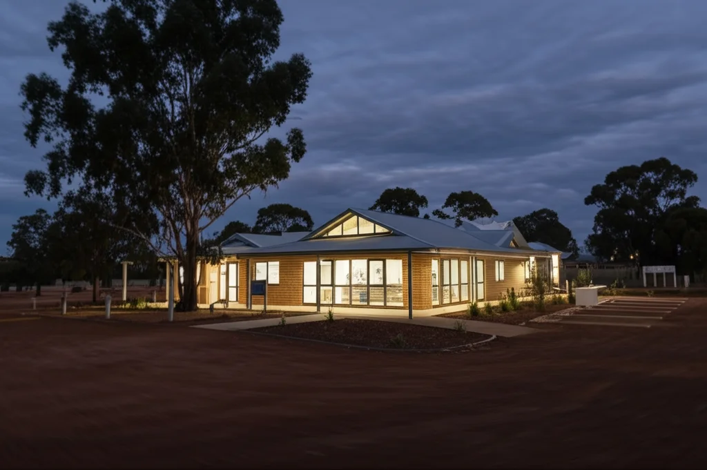 Fotografia grandangolare di un piccolo ospedale rurale moderno al tramonto, immerso in un paesaggio australiano con eucalipti. Le luci sono accese all'interno suggerendo attività. Obiettivo grandangolare 15mm, lunga esposizione per cieli morbidi e nuvolosi, messa a fuoco nitida sull'edificio, atmosfera tranquilla ma operosa.