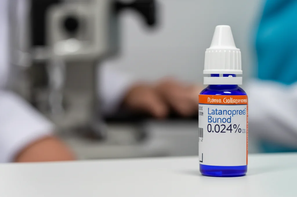 Primo piano di un flacone di collirio Latanoprostene Bunod 0.024% appoggiato su un tavolo da visita oculistica, luce controllata, obiettivo macro 100mm, alta definizione dei dettagli del flacone e dell'etichetta.