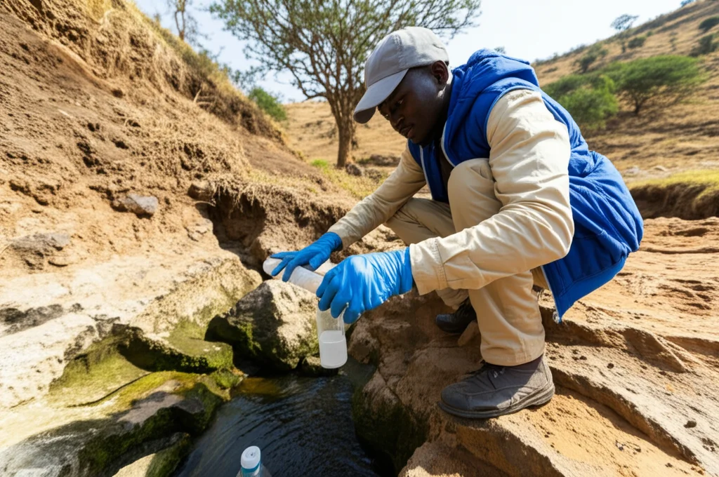Fotografia di un ricercatore sul campo nel bacino del fiume Demie, Etiopia, mentre raccoglie un campione d'acqua da una sorgente naturale. Indossa guanti e utilizza una bottiglia sterile. Il paesaggio circostante è roccioso e arido, tipico della stagione secca. Obiettivo prime 35mm, luce naturale del mattino, profondità di campo media per mostrare sia il soggetto che l'ambiente, stile fotorealistico.